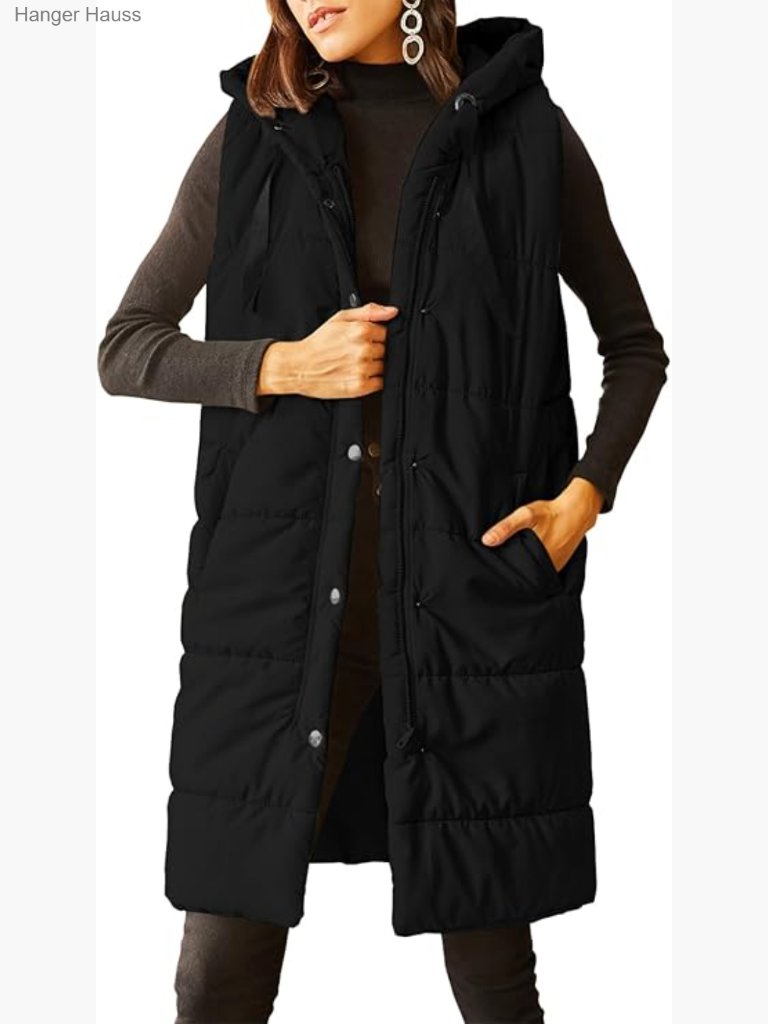 Long Quilted Puffer Vest Sleeveless Hooded Button Down Padded Coat With Pockets